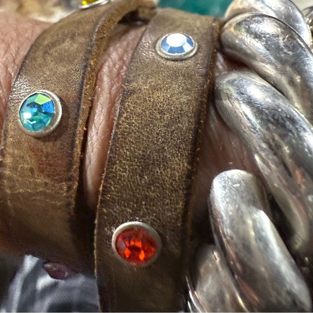 Brown Leather Bracelet with Multicolor Gemstones